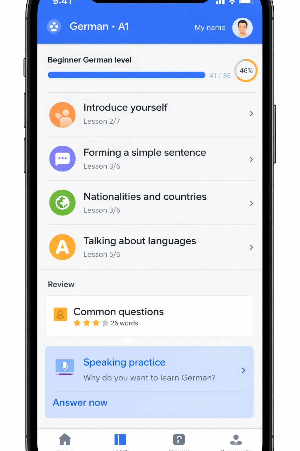 واجهة تطبيق Busuu لتعلّم اللغات على Android و IOS
