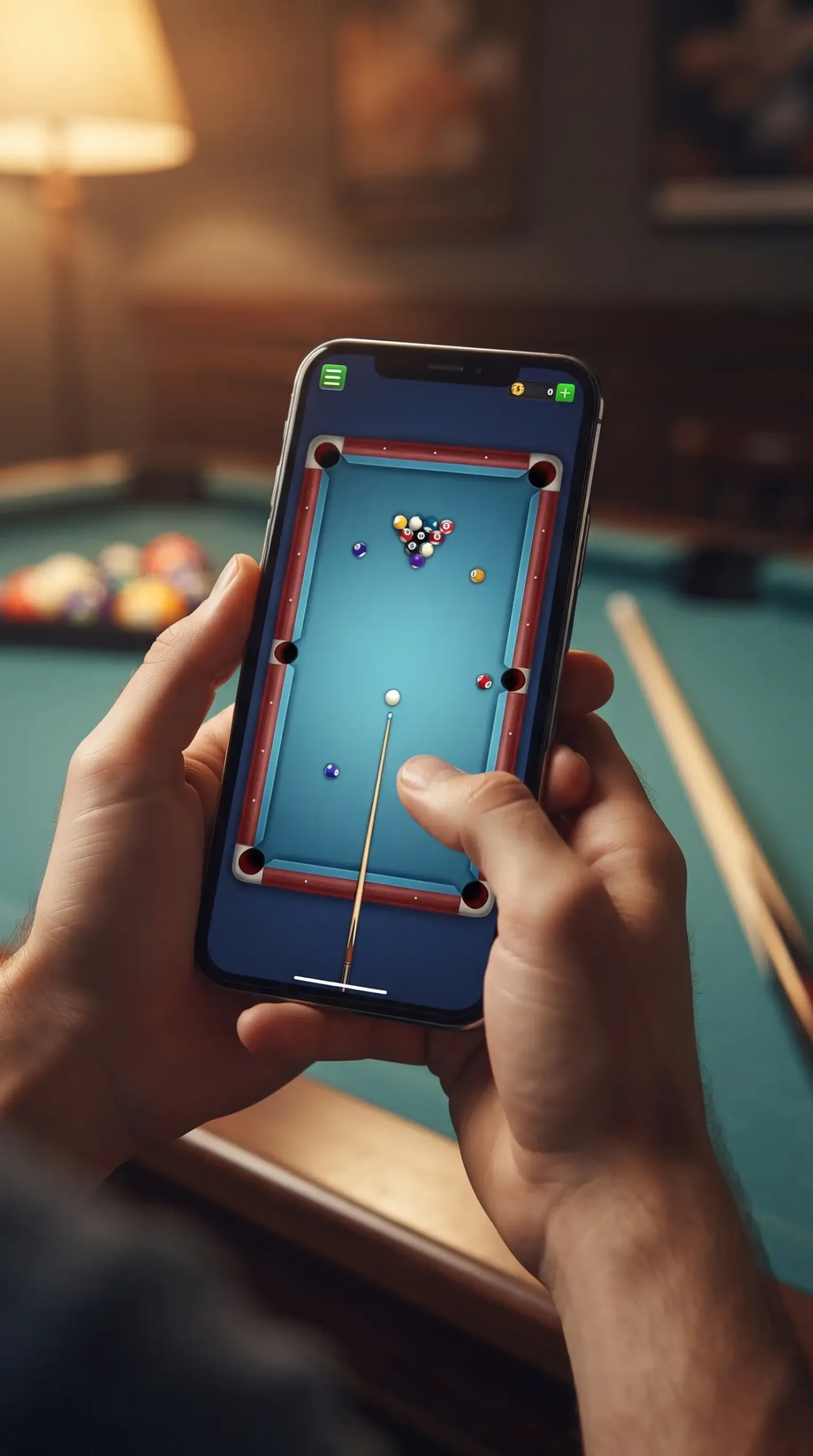 هاتف يعرض مباراة بلياردو 8 Ball Pool أثناء اللعب