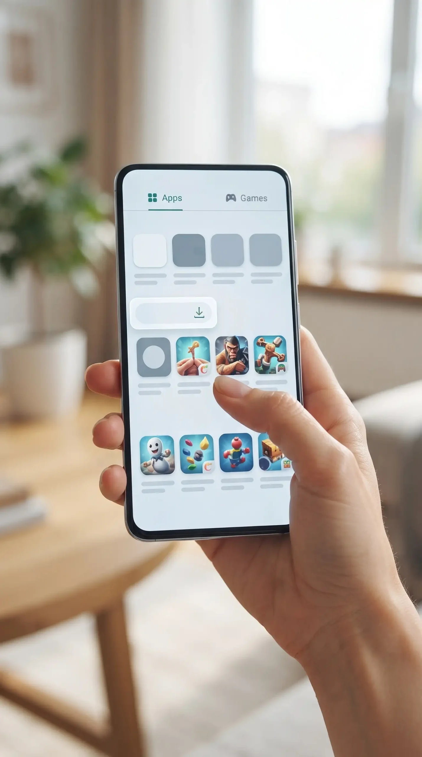 هاتف أندرويد يعرض واجهة appsilo مع فئات التطبيقات والألعاب وخيار التنزيل