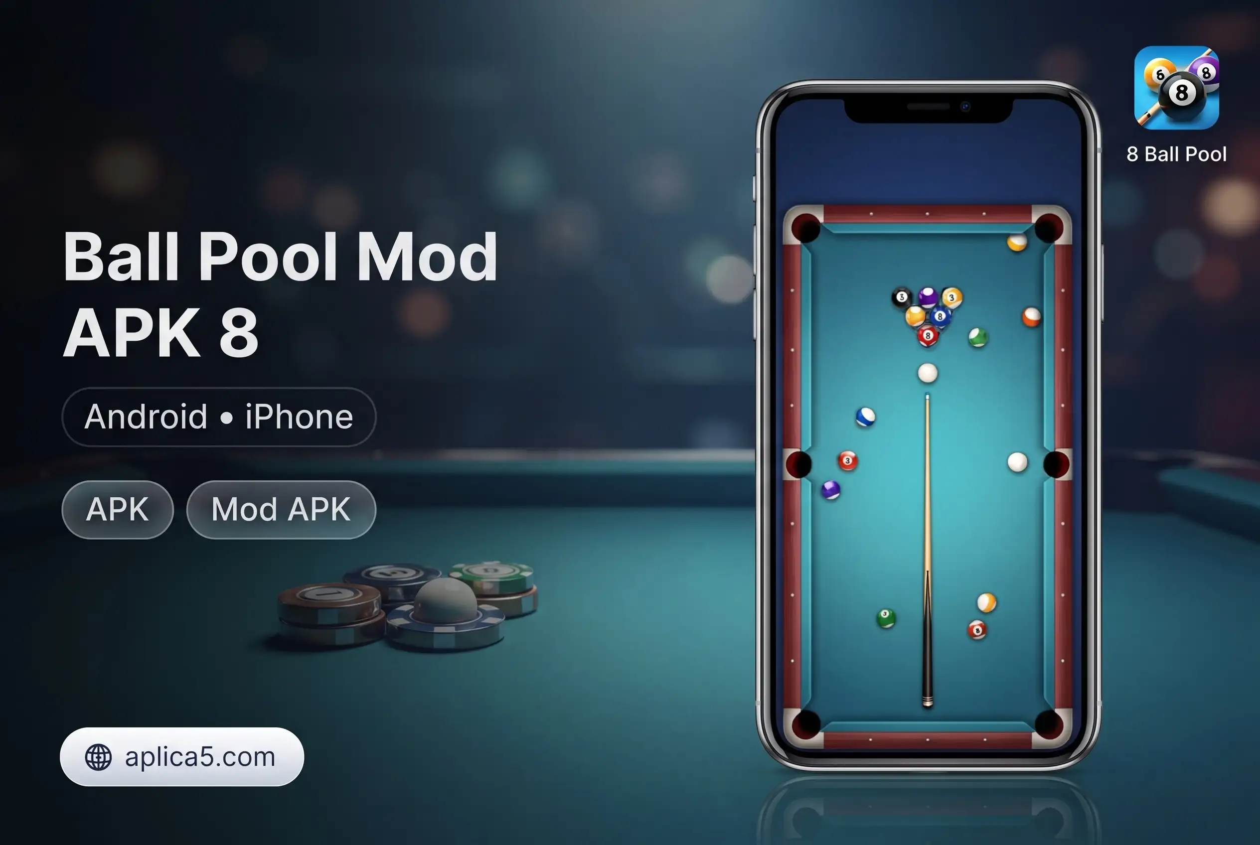 Ball Pool Mod APK 8 هاتف يعرض لعبة بلياردو 8 Ball Pool مع كرات البلياردو وطاولة اللعب