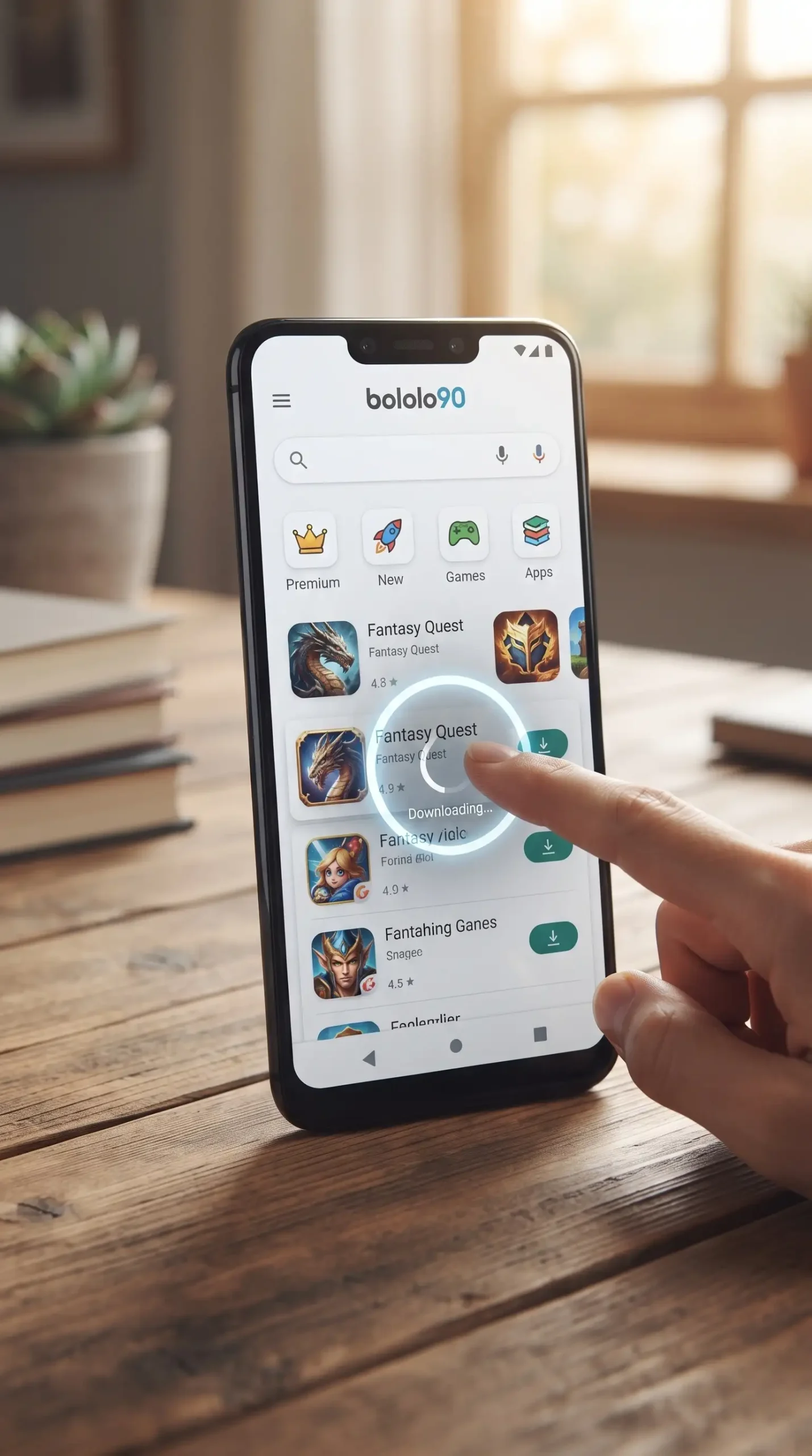 هاتف أندرويد يعرض أقسام التطبيقات والألعاب وخيار تنزيل لعبة عبر bololo90