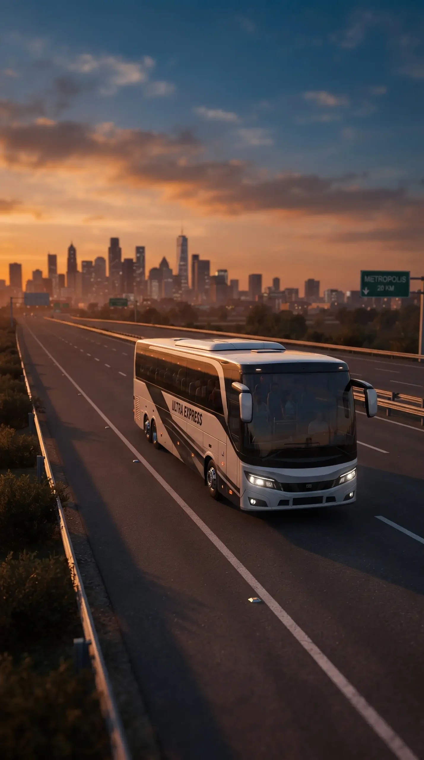حافلة سياحية تسير على طريق سريع عند الغروب في محاكاة Bus Simulator Ultimate