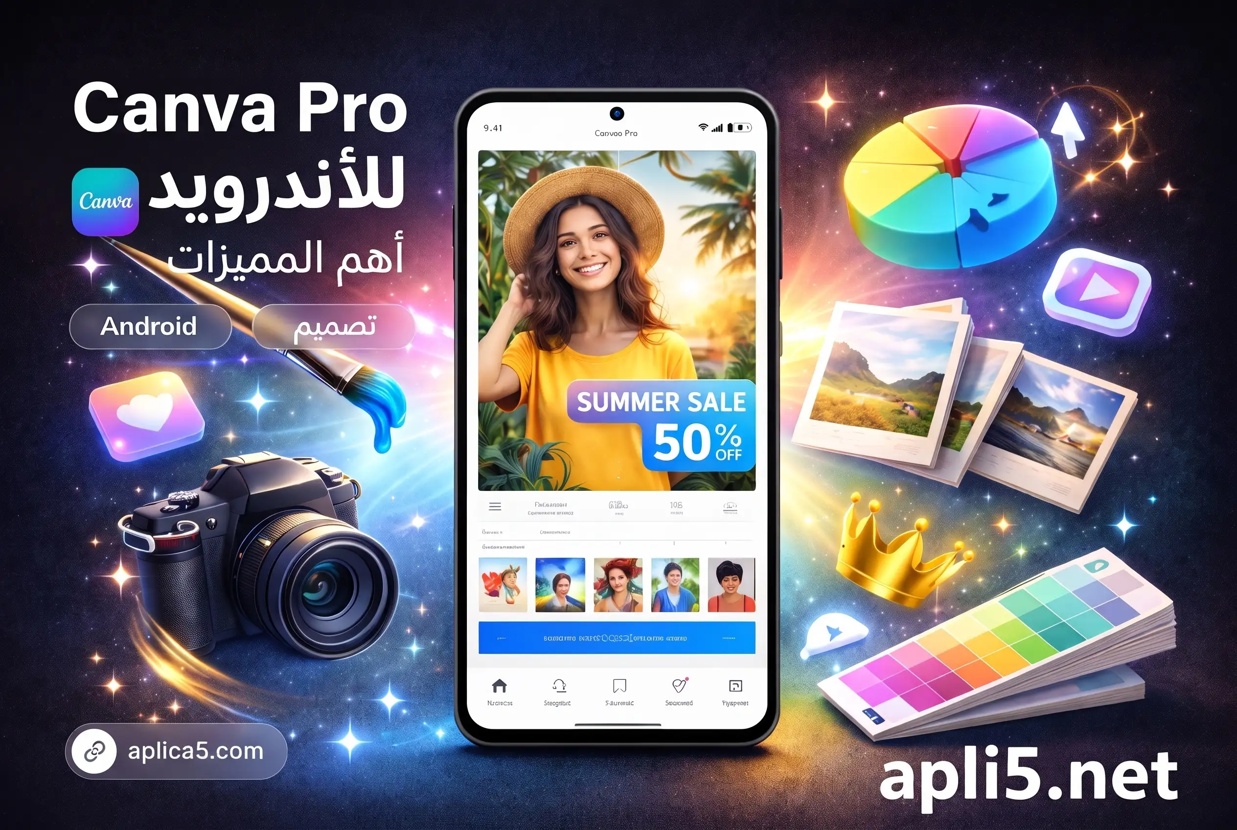 واجهة Canva Pro للأندرويد على هاتف تعرض أدوات وقوالب تصميم متنوعة