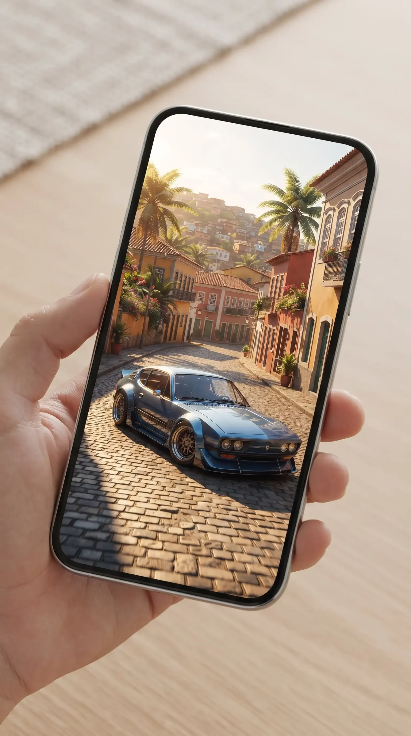 هاتف يعرض لعبة Elite Auto Brasil مع سيارة رياضية في شارع مستوحى من البيئة البرازيلية