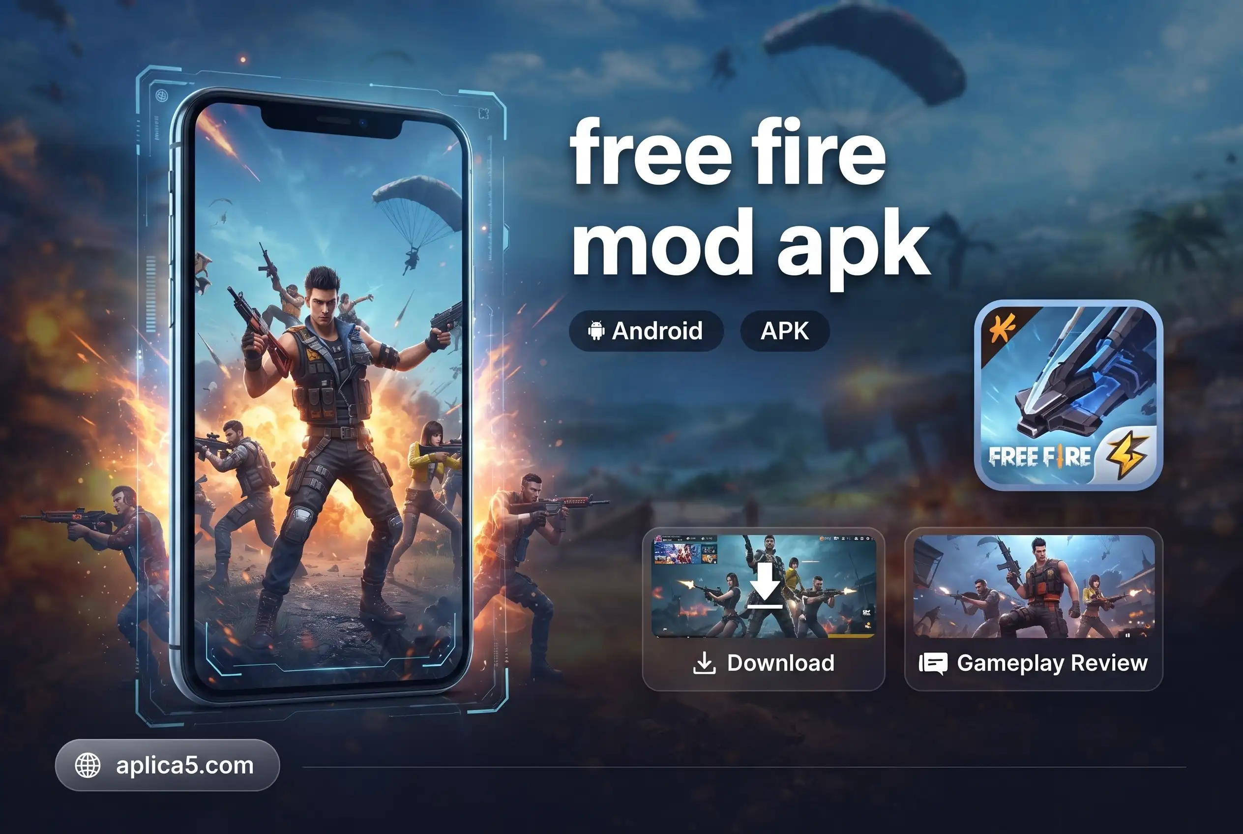 هاتف أندرويد يعرض لعبة Free Fire مع عبارة free fire mod apk
