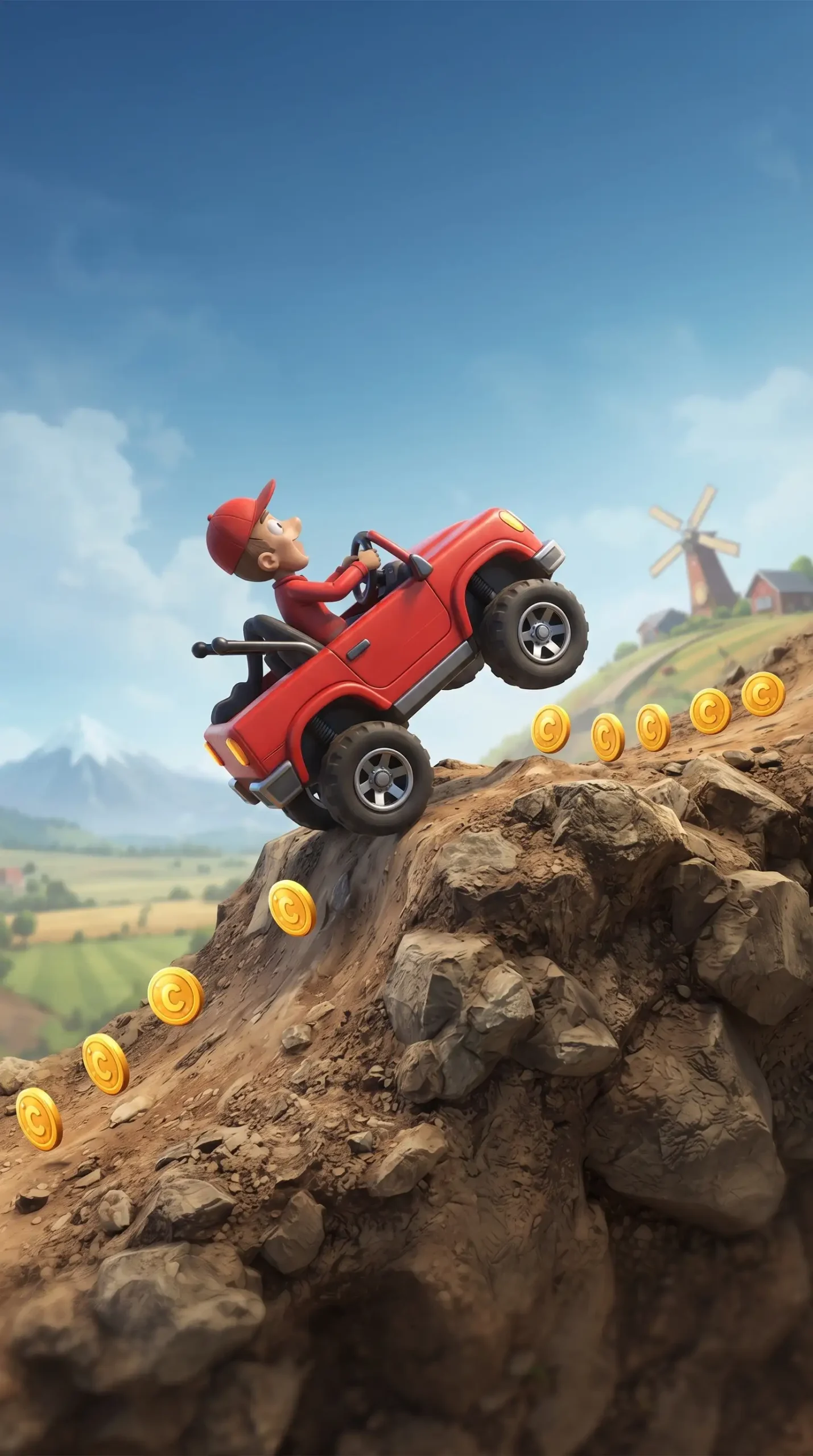 مركبة أوف رود تصعد تلة صخرية في Hill Climb Racing مع عملات على المسار