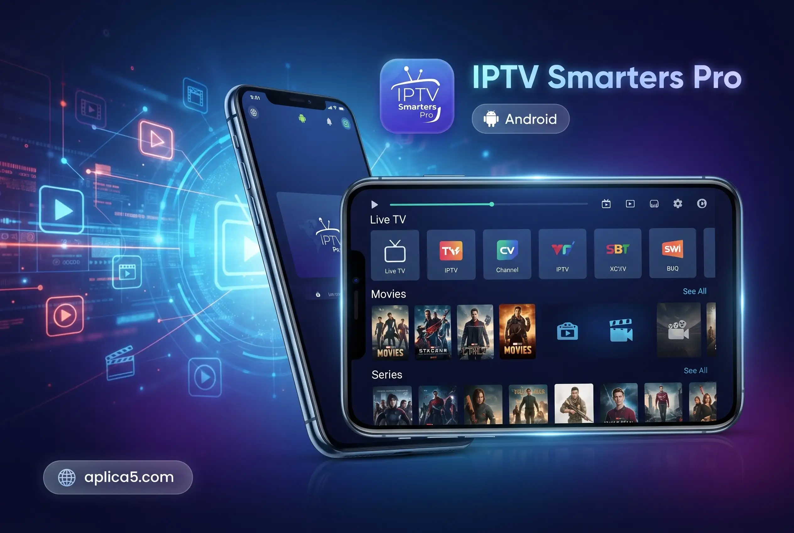 واجهة IPTV Smarters Pro على هاتف أندرويد لعرض القنوات ومحتوى IPTV