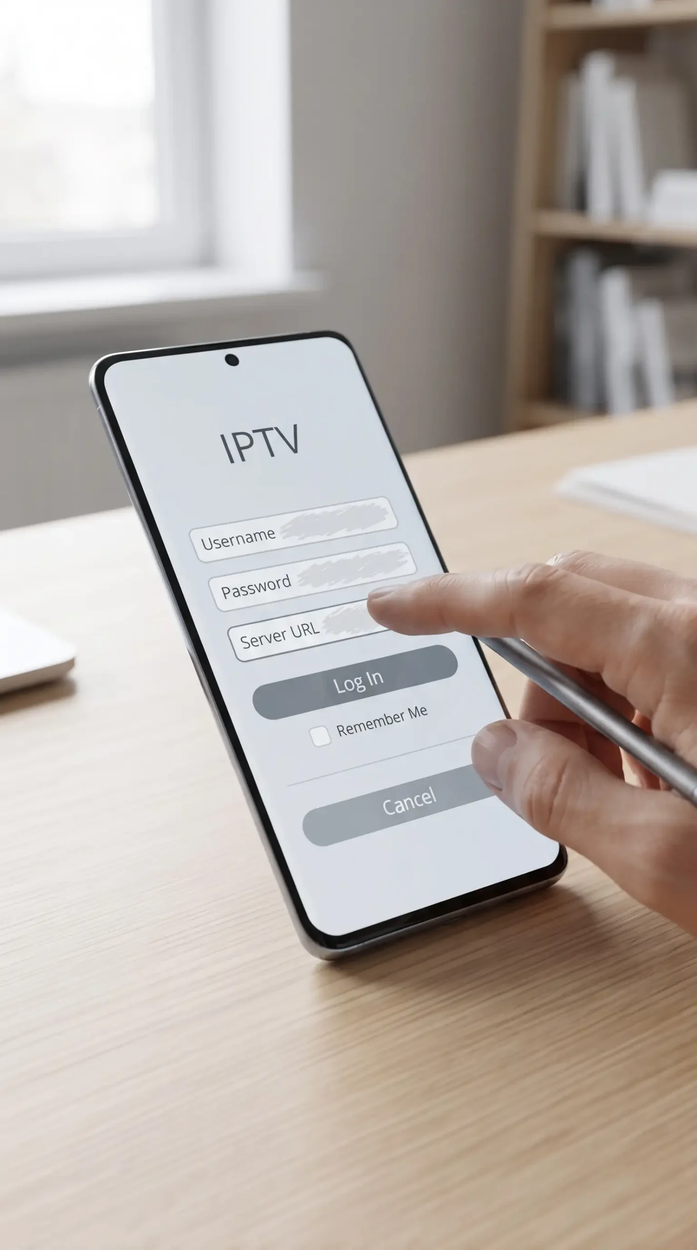 هاتف أندرويد يعرض شاشة إعداد IPTV Smarters Pro لإدخال بيانات اشتراك IPTV
