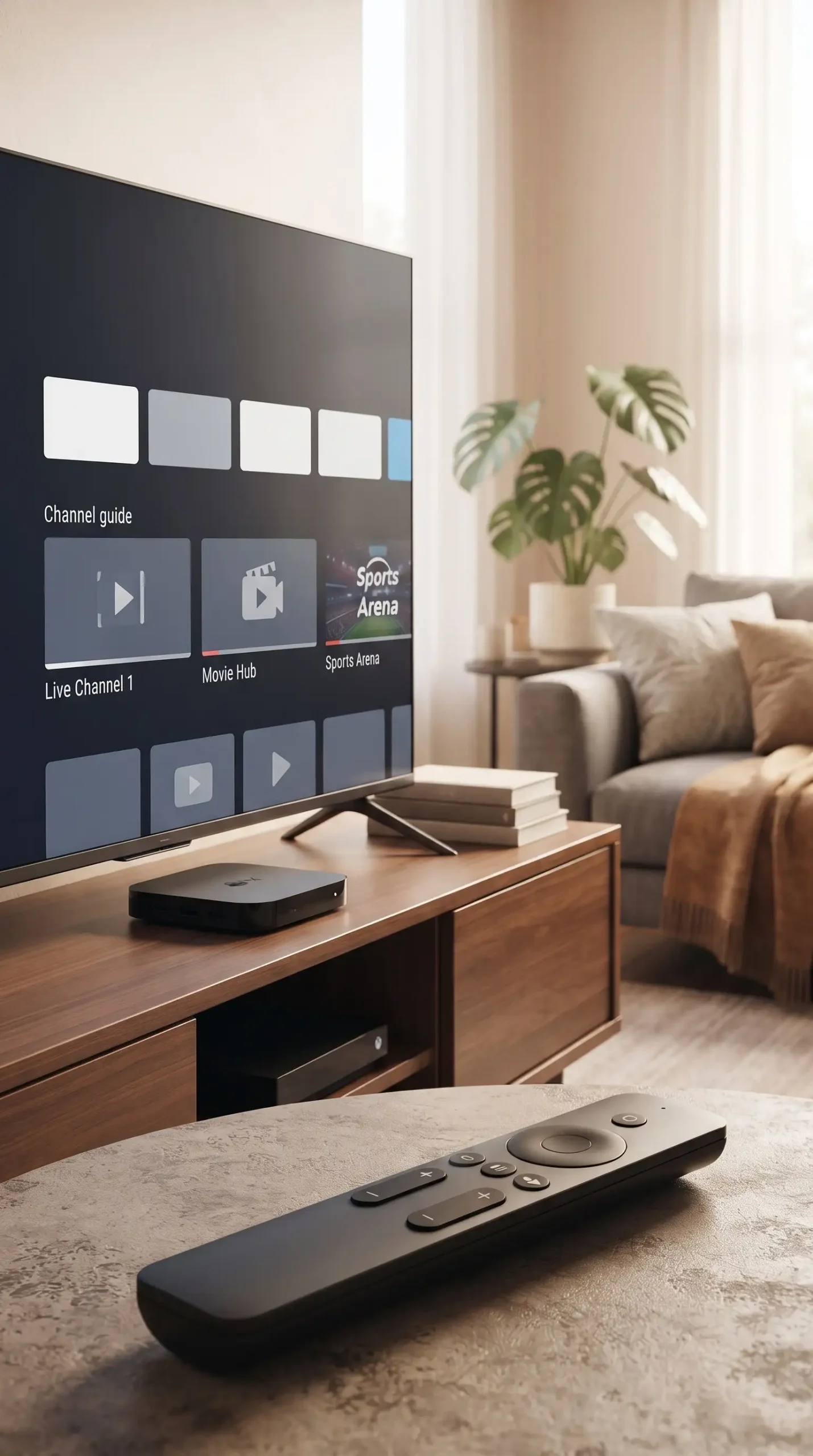 تلفزيون يعرض واجهة بث مباشر مع جهاز TV Box وجهاز تحكم في غرفة معيشة