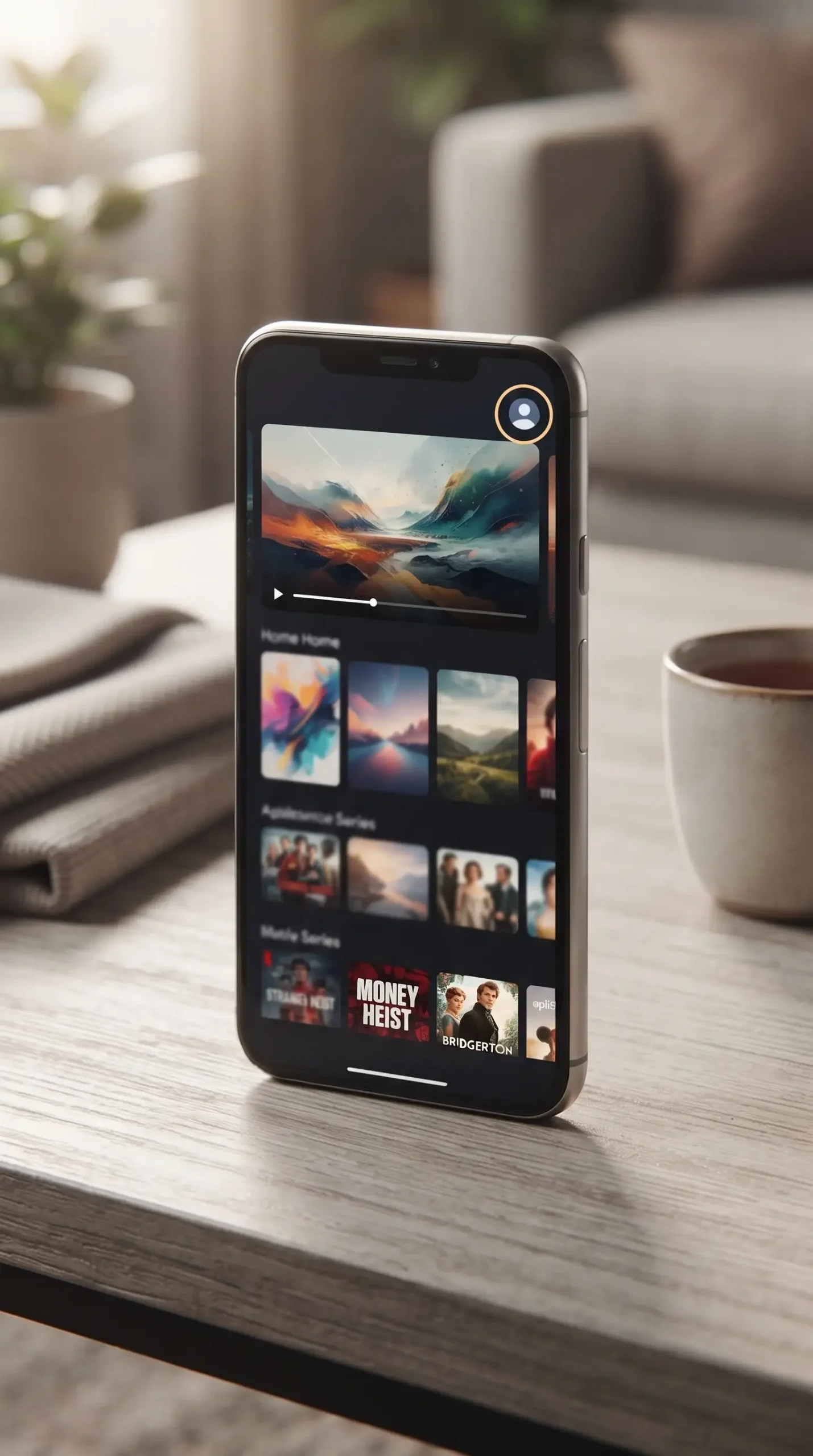 Professional high-quality blog photography of a modern Android smartphone displaying a streaming app interface with rows of movie and series thumbnails, a user's profile selected, and a video playing on screen, resting on a clean home setting with subtle cinematic lighting, realistic device details, no readable text, no text overlays, no collage.