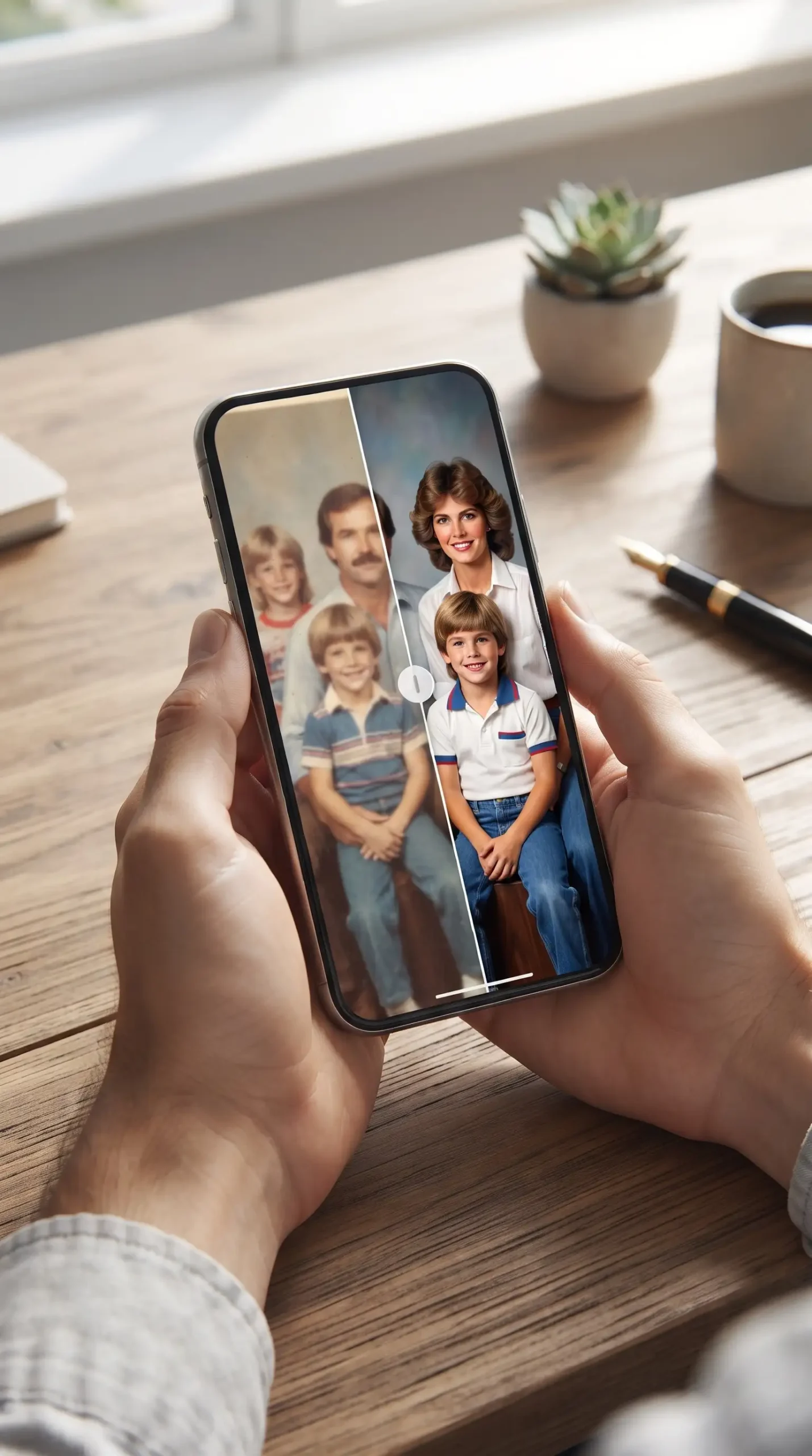 هاتف يعرض تحسين صورة قديمة وغير واضحة باستخدام تطبيق Remini