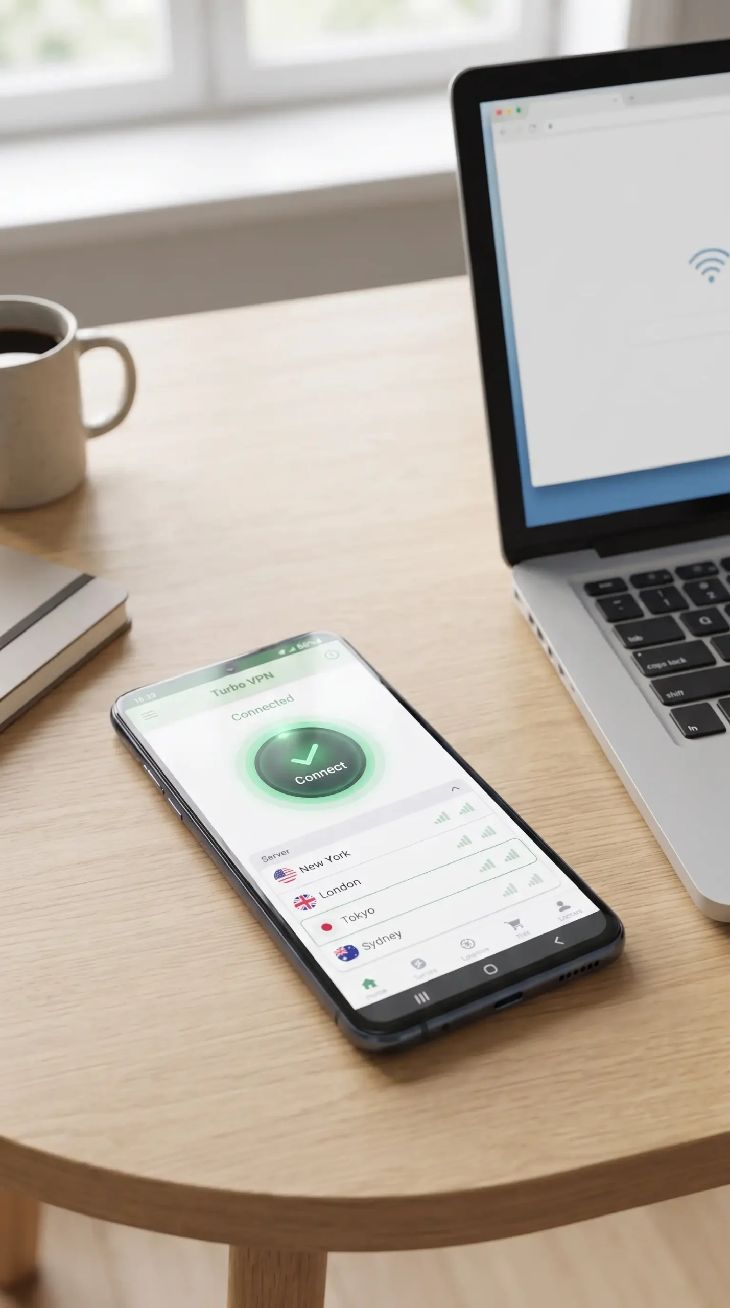 هاتف أندرويد يعرض واجهة VPN مع زر اتصال واختيار الخادم