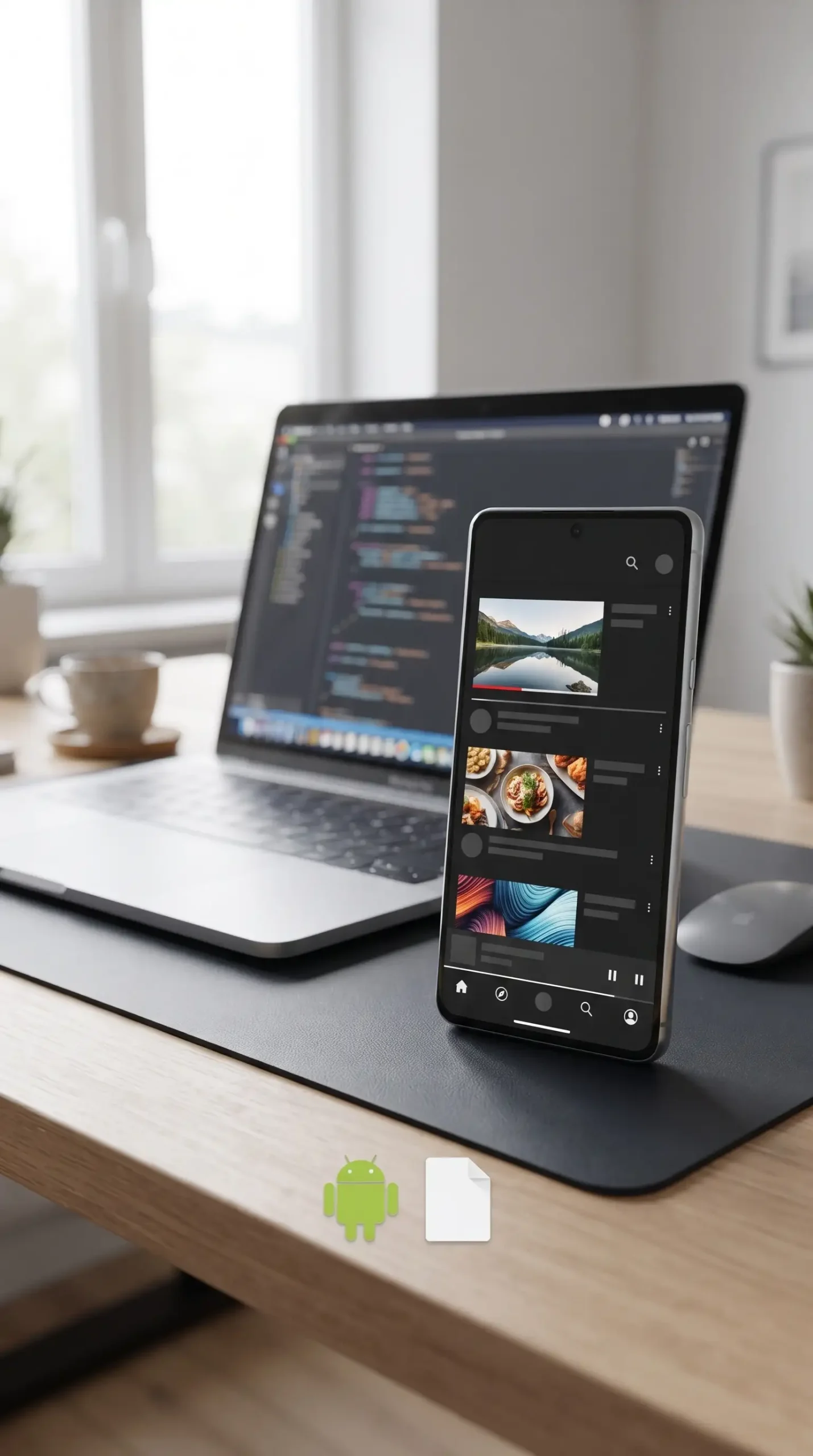 هاتف أندرويد يعرض واجهة تطبيق فيديو بجانب حاسوب وحزمة تثبيت APK
