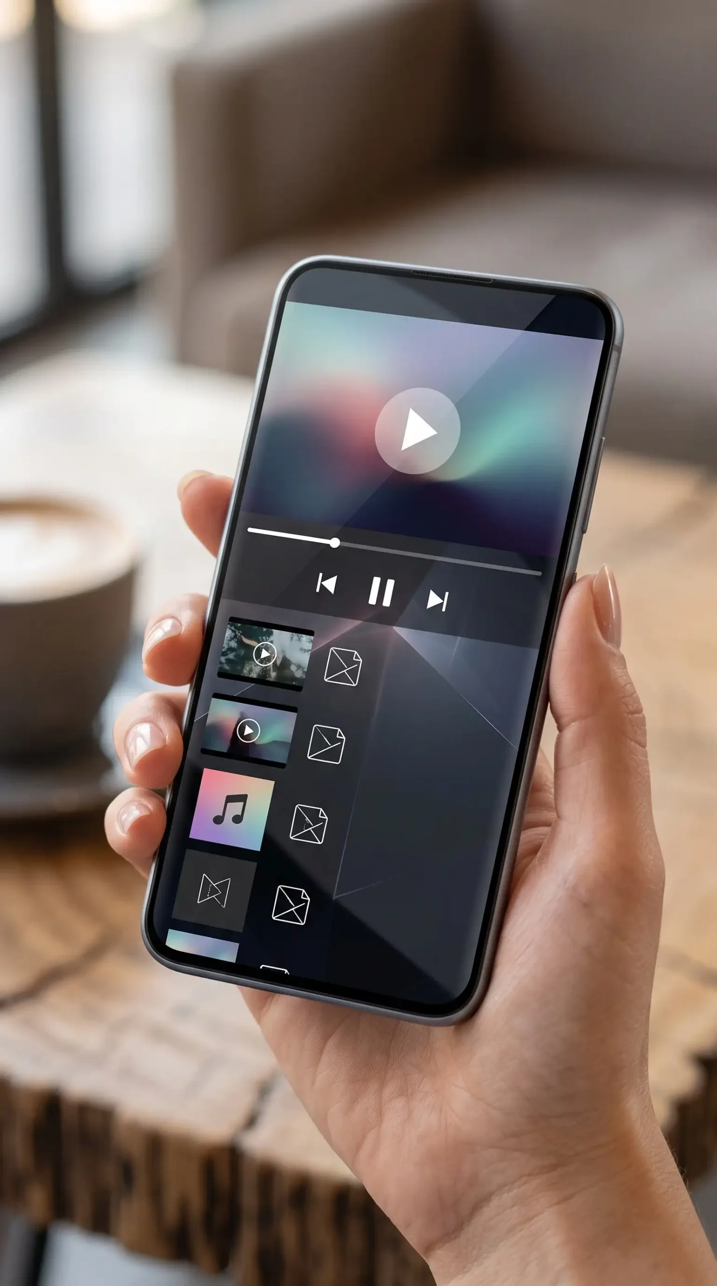 Professional high-quality blog photography of a modern Android smartphone in a person's hand, showing a clean media player interface playing a video with simple playback controls and a visible list of local music and video files, realistic indoor lighting, natural composition, sharp screen details, no text overlays, no logos, no collage.