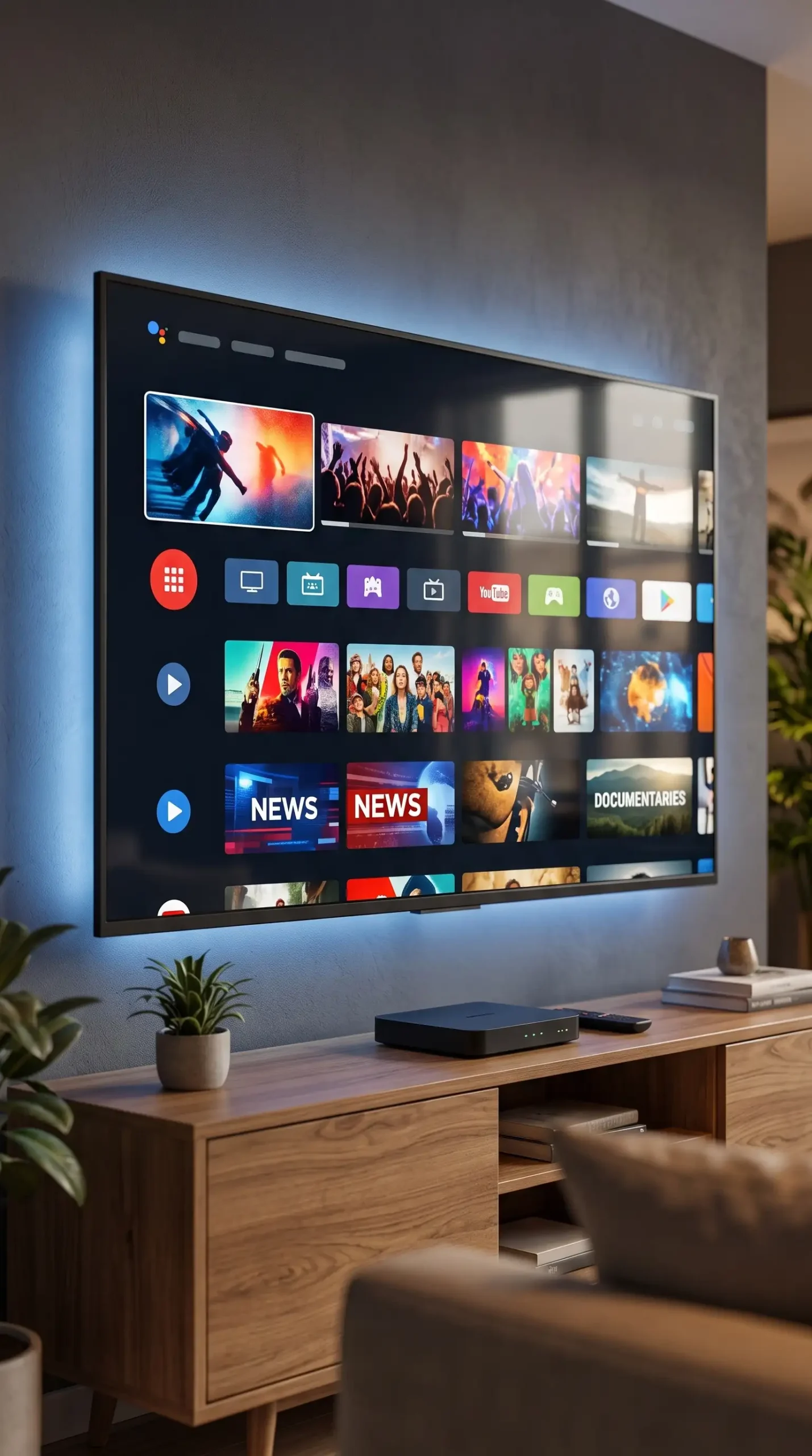 شاشة تلفزيون ذكي تعرض واجهة IPTV للقنوات الرياضية والأفلام والأخبار مع جهاز Android TV Box وجهاز تحكم
